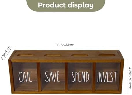 Save Spend Give Bank for Kids, 4-Slot Wall-Mounted Savings Box with Magnetic Lids, Visual Money Saving Box for Bedroom, Living Room, Laundry Room - Brown - Image 3