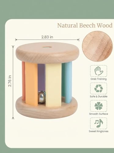 Montessori-Inspired Wooden Rolling Bell Rattle, Tummy Time Toy for Infants - Image 4