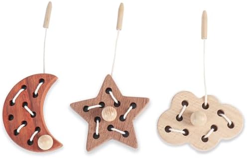 3 Pack Wooden Lacing Threading Toys for Toddlers 1-3 Solid Wood Threading Activity Puzzles, Moon/Stars/Cloud Quiet Toddler Toys for Airplane Travel Fine Motor Skills Sensory Toys by FlameFlash