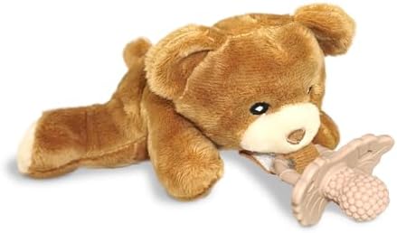 RaZbaby Bear RaZbuddy w/RaZberry Teething Relief Pacifier – Soothes Sore Gums w/Nature-Inspired Texture, 100% BPA-Free Silicone Teether, Detachable Stuffed Animal – 3 Months+ Teether, Coconut by RaZbaby
