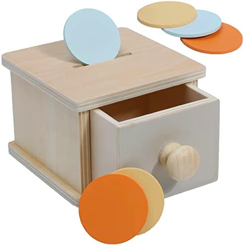 Montessori Coin Box, Montessori Toys for 1 Year Old Toddler Coins, Baby Wooden Toy Ball Infant Drawer Drop, 1+ Baby Essentials Object Permanence Learning by MontessoriMama
