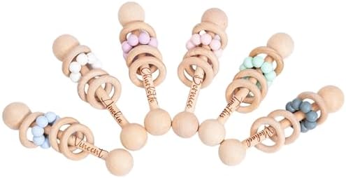 Personalized Wooden Baby Rattle - Engraved Beech Wood Ring Grip Toy, Newborn Shower Gift by Handmade