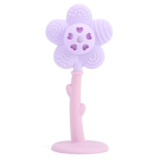 Baby Teething Toys 3-6 Months, Teether and Sensory Rattle for Babies 0-6 Months, Food Grade Silicone Teethers 6-12 Months, Infant Teething Relief Chew Toys, Sunnyflower Teether Toy BPA Free - Purple