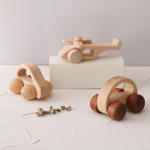 Wooden Baby Car and Airplane Toys,Wood Push Car for Toddler Montessori Baby Grip Toy Car,Gifts for Boys and Girls,Push and Pull Toy Car 3 Pieces by Chriswell