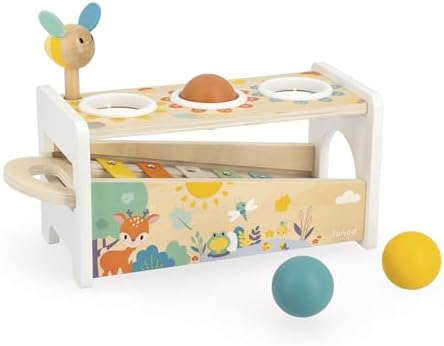 Janod Pure Tap Pastel Wooden Xylophone Pounding Bench with Cherry Wood Balls & Bee Shaped Hammer for Ages 12+ Months (J05155) by Janod