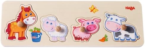HABA Baby Farm Animals Clutching Puzzle - 4 Piece Jumbo Knob Wooden Puzzle for Ages 1 and Up by HABA