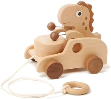 Wooden Dinosaur Pull Toy| Beech Wood Pull Along Dino for Toddlers by DadCarved