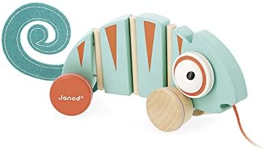 Janod - Tropik Pull-Along Chameleon - Wooden Early-Learning Toy - Silent Wheels - Educational Walking and Balancing Toy - Water-Based Paint - 1 Year + J08264 by Janod