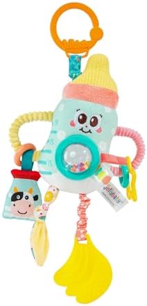 Jollybaby Baby Pull Vibration Toy - Tummy Time Sensory Hanging Toys for Car Seat, Stroller, Crib & Play Gym, with Babier Teether, Airplane Travel Toys for Toddlers Gift - Baby Bottle by Jollybaby