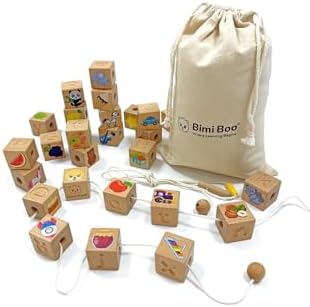 Bimi Boo Alphabet Lacing Letters for Toddlers - ABC Lacing Beads, Fine Motor Threading Wooden Toy with Objects & Animals (26 Large Stringing Blocks, 2 Ropes, Cotton Bag) by BimiBoo