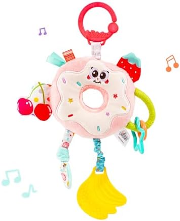 Jollybaby Baby Pull Vibration Toy - Tummy Time Sensory Hanging Toys for Car Seat, Stroller, Crib & Play Gym, with Babies Rattles & Teether, Airplane Travel Toys for Toddlers Gift - Donut by Jollybaby