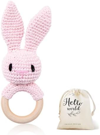 WOODEN TEETHER Crochet Baby Rattle, Crochet Baby Toys, Easter Bunny Rattle, Newborn Animal Rattle Toys，Knitted Stuffed Animals Gifts for Baby, Pink Bunny by WOODENTEETHER