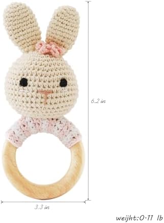 Chriswell Wooden Baby Rattle，Crochet Bunny Rattle with Wood Ring, Newborn Wooden Animal Rattle Toy，Infant Bunny Wood Rattle Toys，Bunny-2 - Image 5