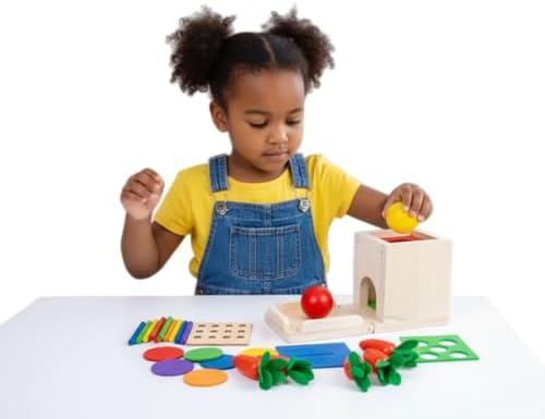 Practical Life Sensory Geometri Wooden Blocks 4-in-1 Toddlers Kit, Object Permanence Posting Coin Box, Carrot Harvest, Color Sticks Push- Matching, Motor Skill for Toddler 3-6 Years by EduLandMontessori