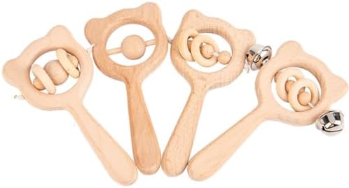 Montessori Wooden Bear Rattle, Teething & Grasping Toy with Bell by Unknown