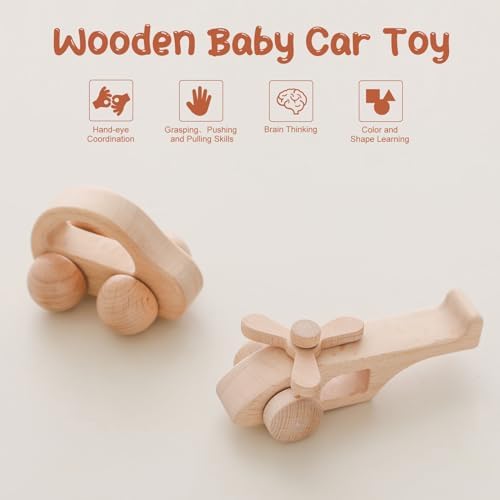 Wooden Baby Car and Airplane Toys,Wood Push Car for Toddler Montessori Baby Grip Toy Car,Gifts for Boys and Girls,Push and Pull Toy Car 2 Pieces - Image 2