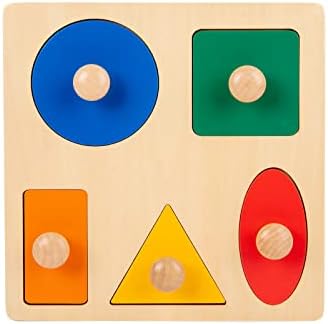 Montessori Toys for Babies 6-12 Months Wooden Shape Puzzles for Toddlers 1-3,Jumbo Knob Baby Puzzles for Easy Grasp,Color & Shape Sorter - Montessori Puzzle Preschool Learning Toys(5 Geometric Shape) by YunHeXinQiaoToysFactory
