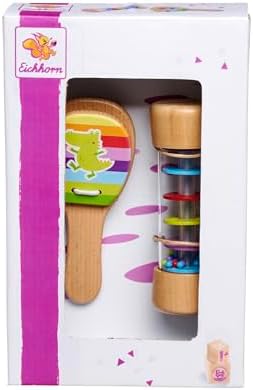 Eichhorn 100003491 music set rattle consisting of rainmaker and chestnut set, colourful music toy made from 100% FSC certified beech wood, from 2 years by Eichhorn
