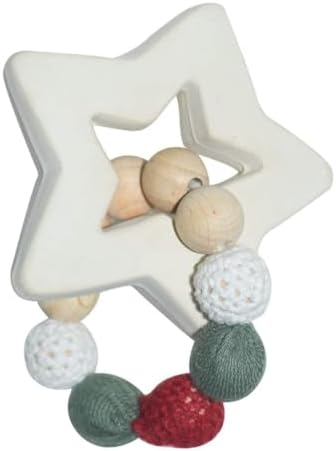 Holiday Star Baby Teether – 4 inch Natural Rubber with Wooden & Crochet Balls | Multi-Texture Infant Teething Toy for Grasping Skills & Sensory Play | Non-Toxic Newborn Holiday Gift (0+ Months) by TikiriToys