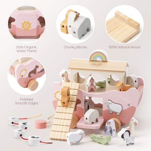 Joyreal Pink Wooden Noah's Ark Toy for 1 Year Old Baby Girl Baptism Gifts - Image 6