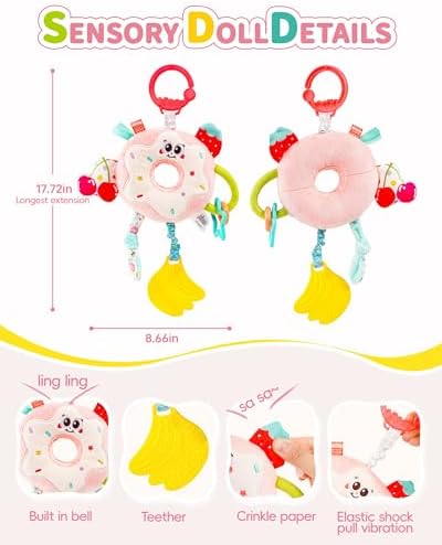 Jollybaby Baby Pull Vibration Toy - Tummy Time Sensory Hanging Toys for Car Seat, Stroller, Crib & Play Gym, with Babies Rattles & Teether, Airplane Travel Toys for Toddlers Gift - Donut - Image 4