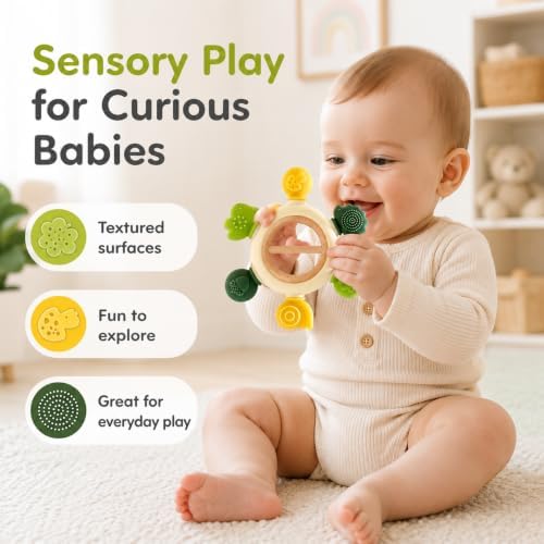Baby Teether Rattle Toy with Silicone Textured Teething Pieces & Wooden Ring, Montessori Sensory Toy, Easy-Grip BPA-Free Teether for Infants 3–12 Months - Image 4
