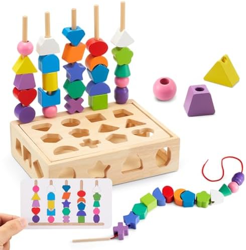 Montessori Wooden Toys, Lacing Beads & Stacking Block & Matching Shape Stacker, Montessori Wooden Beads Sequencing Toy Set, STEM Preschool Learning Toy Birthday Gift for 2 3 4 Year Old Toddler Gifts - Image 3