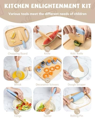 Wooden Kids Cooking Set Montessori Kit - Real Toddler Kitchen Tools & Baking Utensils - 30PCS Cooking Kit for Kids with Storage Bag, Great Gift for Pretend Play & Montessori Learning (Blue) - Image 2