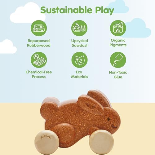 PlanToys® Brown Push Along Bunny Wooden Montessori Movement Toy for Kids - Image 3