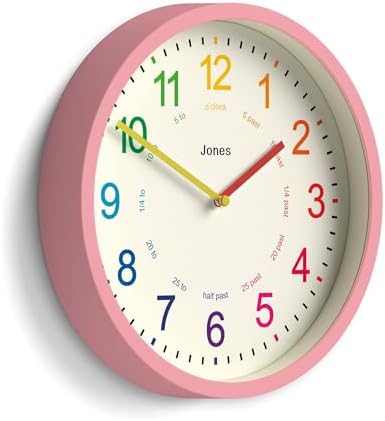 JONES CLOCKS® Kids wall Clock | Small Modern Children’s Nursery Clock | 10" | Pink | Colourful dial for Learning to Tell the time by JONESCLOCKS