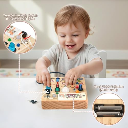 LED Busy Board for Toddlers 1-3,Montessori Toy with Key Switch, Light Up Wood Activity Sensory Board for Fine Motor Skills, Educational Travel Toy Gift for 1 2 3 Year Old Boys Girl - Image 4