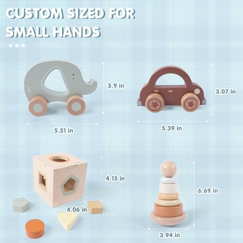 FReniland Wooden Baby Toy Set for 12M+, Montessori Grasping & Stacking Toys, Elephant & Car Sensory Toys, Natural Wood Fine Motor Skill Development Gift for Boys & Girls - Image 5