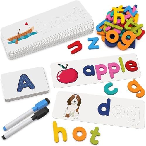 Coogam Reading & Spelling Learning Toy, Wooden Letters Flash Cards Sight Words Matching ABC Alphabet Recognition Game Preschool Educational Tool Set for 3 4 5 Years Old Boys and Girls Kids by Coogam