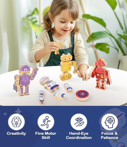 Fine Motor Building Robot Blocks for 3 4 5+Years Kids, Wooden Snap Builders - Image 5
