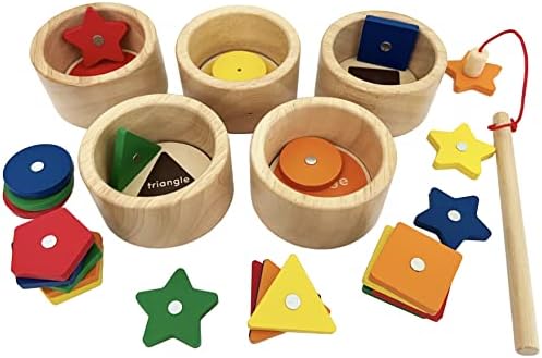 Dailyfunn Montessori Toy Wooden Sorting Cup&Fishing Game 2-in-1 Colors Shapes Sorting Matching Learning Toys for Toddlers 1-3 Year Old - Image 2