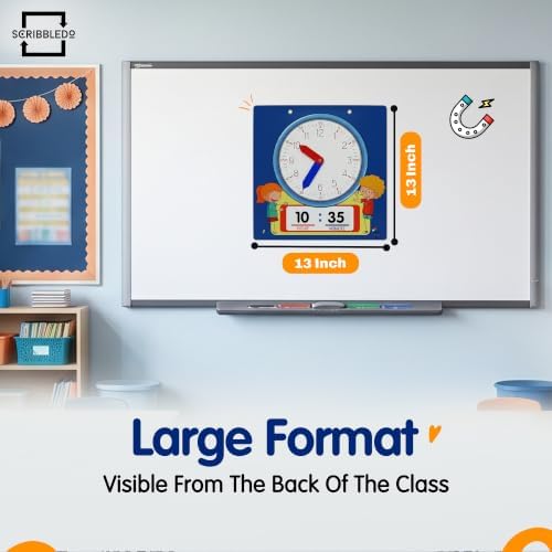 Scribbledo Learning Clock for Kids 13" Dry Erase Teaching Clock with Movable Hands Analog & Digital Time, Magnetic Backing, Hanging String & 2 Markers Classroom Homeschool - Image 4