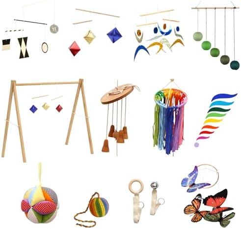 Montessori Mobile Mega Set with Baby Gym – 12-Piece Handmade Newborn Visual & Sensory Development System (Bell and Ring Mobile, Gobbi, Dancer, Octahedron, Wooden Musical, Puzzle Ball) (Emerald) by Handmade