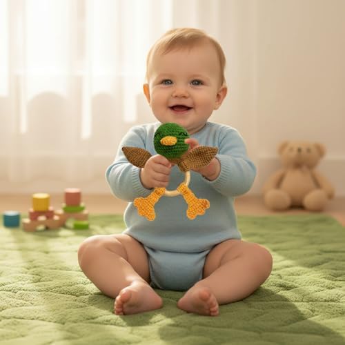 Wooden Baby Rattle for Boys and Girls, Crochet Stuffed Animal for Newborn, 3 4 5 6 Month Toys, Mallard Duck - Image 3