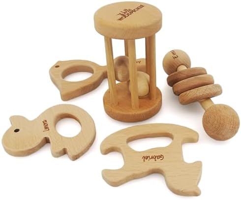Personalized 5 Pieces Wooden Baby Toys for Babies 0-6-12 Months Rattle, Teethers Customized Wood Teething Toys Gifts for Baby, Teething Toys Baby Rattles 0-6 Months Montessori Toys for Babies by JOLLYWOODPECKER