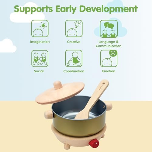 PlanToys® Wooden Cookery Set with Stove, Pot & Ladle Montessori Kids Play - Image 5