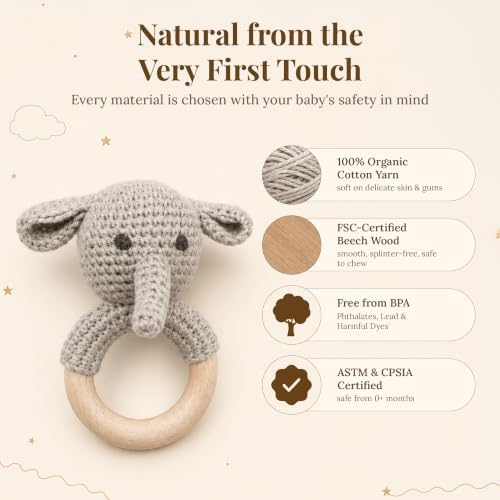 Néa Archí Crochet Baby Rattle, Organic Cotton & Beech Wood, Elephant - Image 2