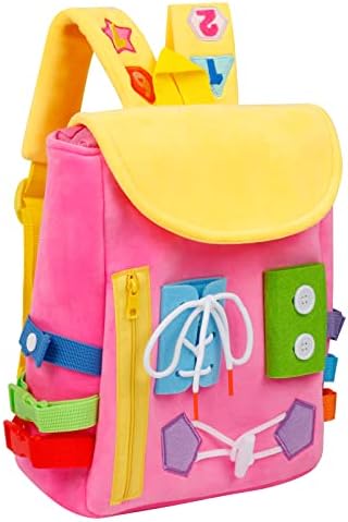 Busy Board - Toddler Backpack with Buckles and Learning Activity Toys - Develop Fine Motor Skills and Basic Life Skills - Learn to Tie Shoes - Children's Travel Toy (Pink) by WHITE+DOLPHIN+TOYS
