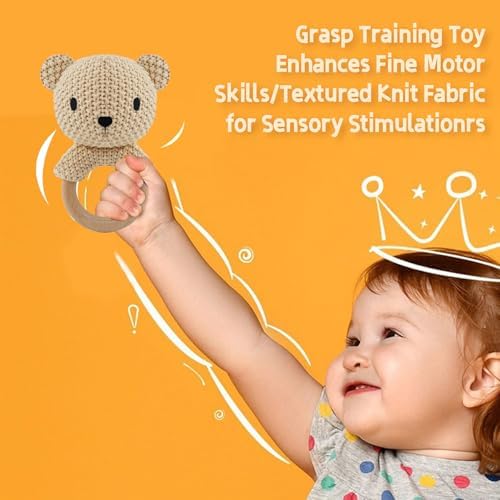 Baby Rattle Toy Teddy Bear Hand Crochet Knitted Plush Stuffed Animal Teether Natural Wood Ring Cute Bear 6 Month Baby Gift Gentle Sound Shaker Newborn Infant Crib Soothing Sleep Aid Gift - Image 6