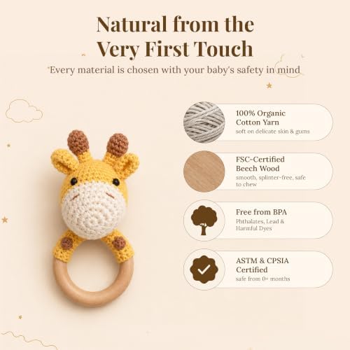 Néa Archí Crochet Baby Rattle, Organic Cotton & Beech Wood, Giraffe - Image 7