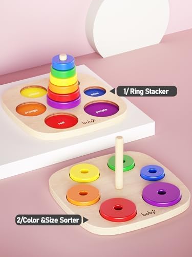 Dailyfunn Montessori Toys Wooden Rainbow Ring Stacker Color Size Learning Sorting Stacking Toy for Toddlers 1-3 Years Old - Image 2