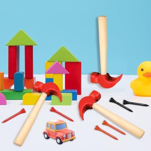 10 Pcs Kids Wooden Hammer Toy with 100 Pcs Colorful Wood Golf Tees, Small Plastic Hammer Simulation Hammers Educational Toys for Children Gift Birthday Party Halloween (Red) - Image 3