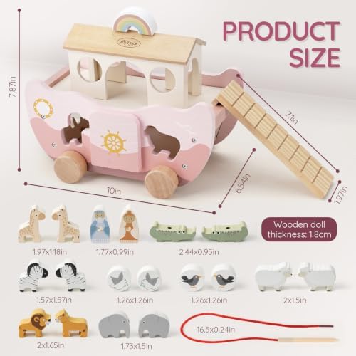 Joyreal Pink Wooden Noah's Ark Toy for 1 Year Old Baby Girl Baptism Gifts - Image 3