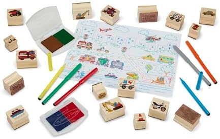 Melissa & Doug Deluxe Wooden Stamp and Coloring Set – Vehicles (30 Stamps, 6 Markers, 2 Durable 2-Color Stamp Pads) - Image 4