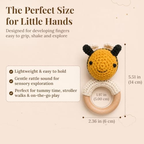 Néa Archí Crochet Baby Rattle, Organic Cotton & Beech Wood, Bee - Image 3
