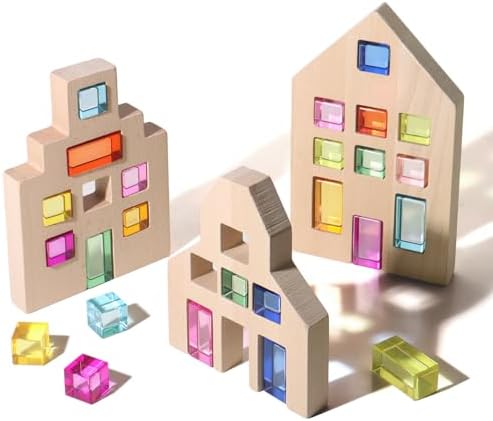 25 Pcs Rainbow Acrylic Building Blocks with 3 Beech Wood Houses, Dual Insert & Stack Sensory Toy, Light Refraction Gem Blocks, Montessori Creative Educational Gift for Toddler Boys Girls 1-5 Years Old by Dinhon